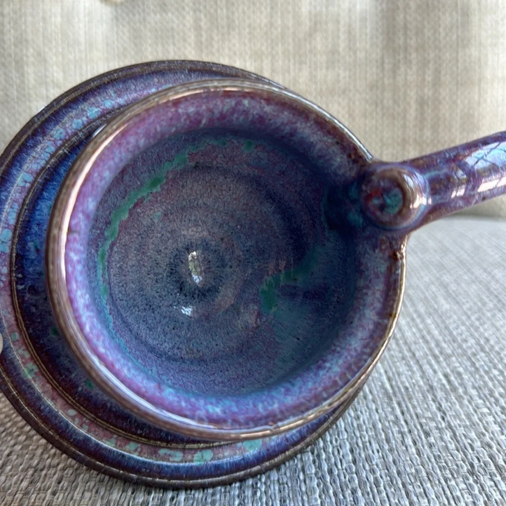 Pigeon Forge Pottery Lavender & Turquoise Candle Holder Signed by Cliff Losee